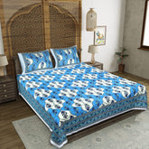 Ocean Blues Sanganeri Print 100% Pure Cotton Double Bed Sheet - Traditional Floral & Geometric Design